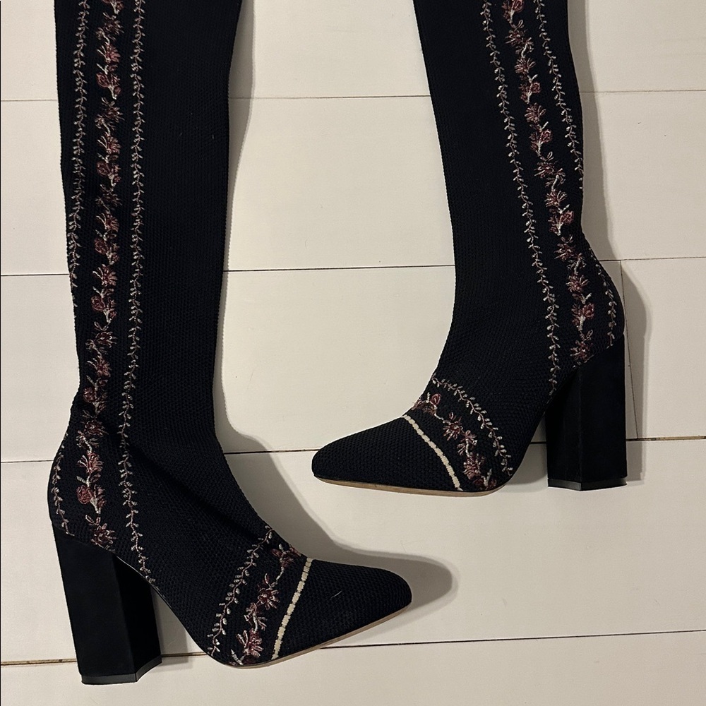 Tabitha Simmons Irina Stripe Knit Stretch Thigh High Heeled Boots Black Size 37 - Picture 3 of 9